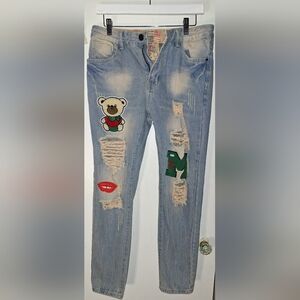 Distressed Jeans with Bear and Letter Patches